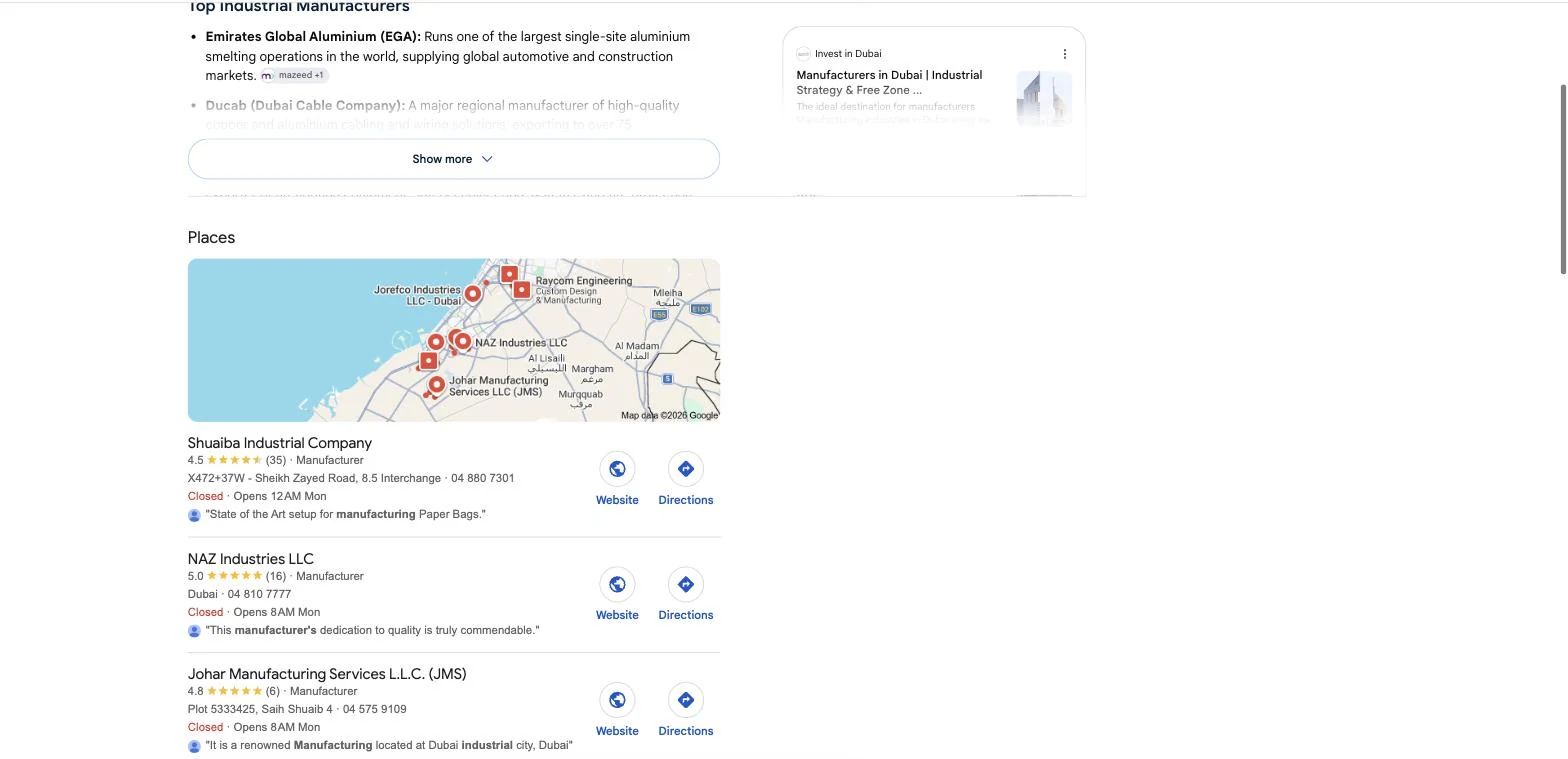 Google results for “Best industrial manufacturers in Dubai”: the AI Overview citing mazeed above the Places pack
