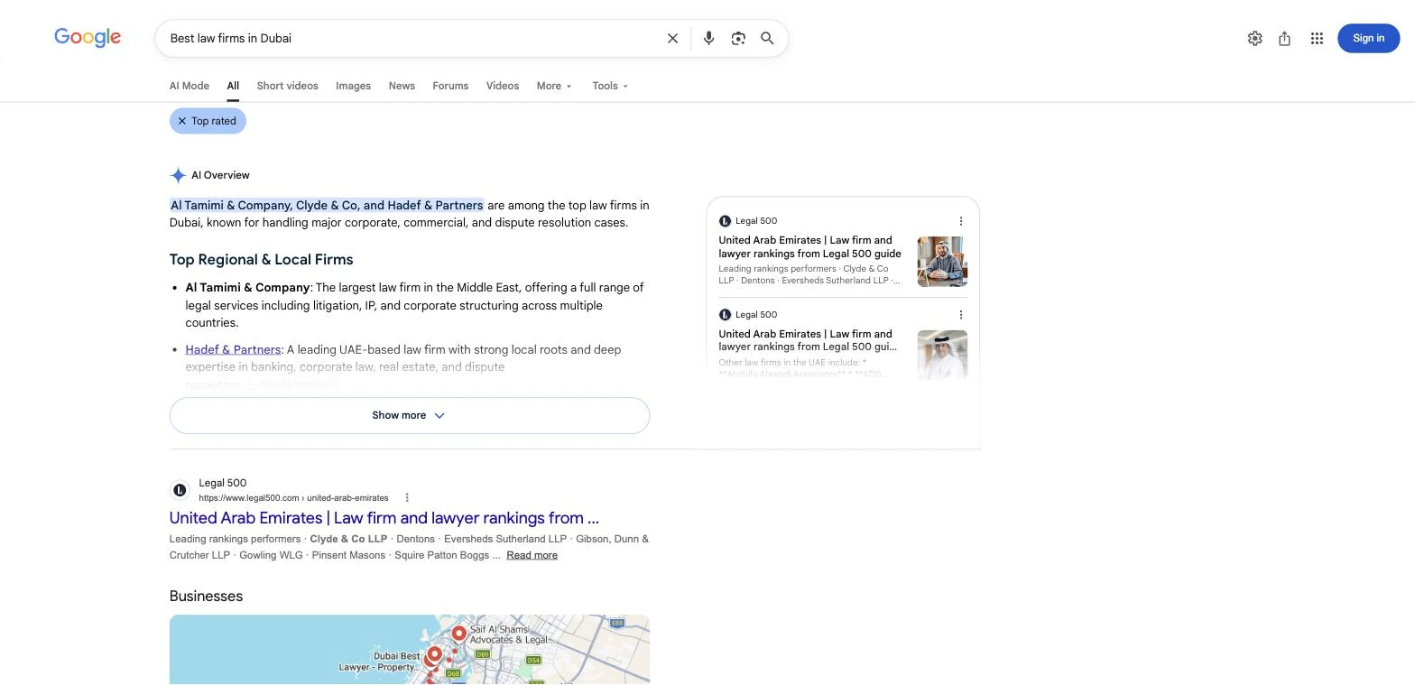 Google AI Overview for “Best law firms in Dubai” naming Al Tamimi & Company, Clyde & Co and Hadef & Partners, with Legal 500 as the cited source
