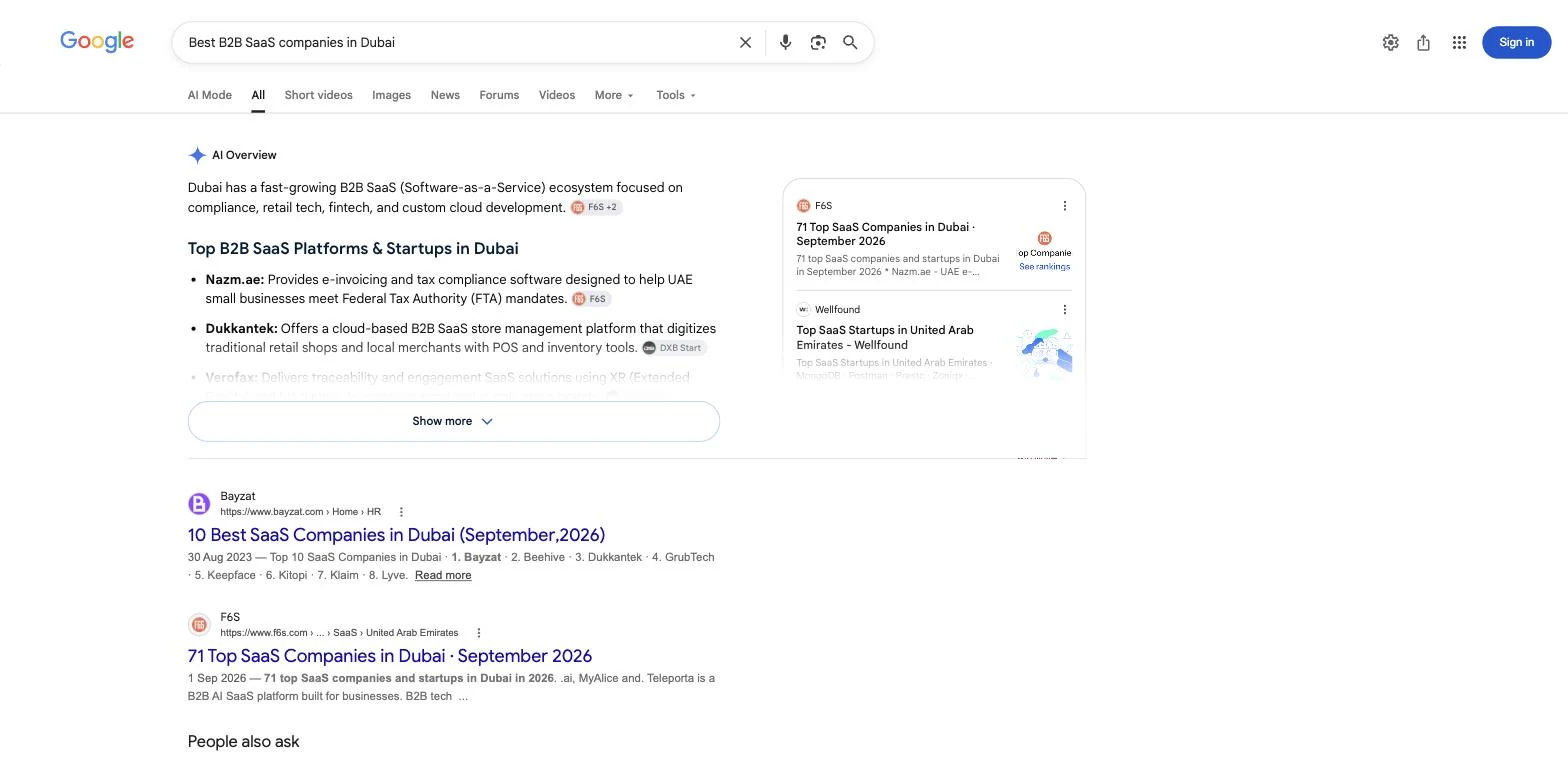 Google results for “Best B2B SaaS companies in Dubai” with Bayzat’s “10 Best SaaS Companies in Dubai (September, 2026)” as the first organic result