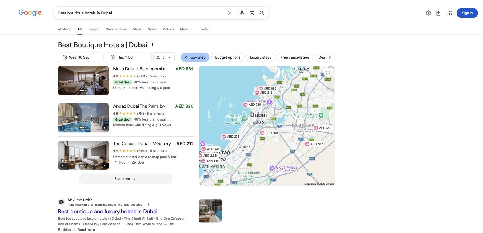Google Search Hotels module for “Best boutique hotels in Dubai”, showing Meliá Desert Palm, Andaz Dubai The Palm and The Canvas Dubai MGallery with nightly rates