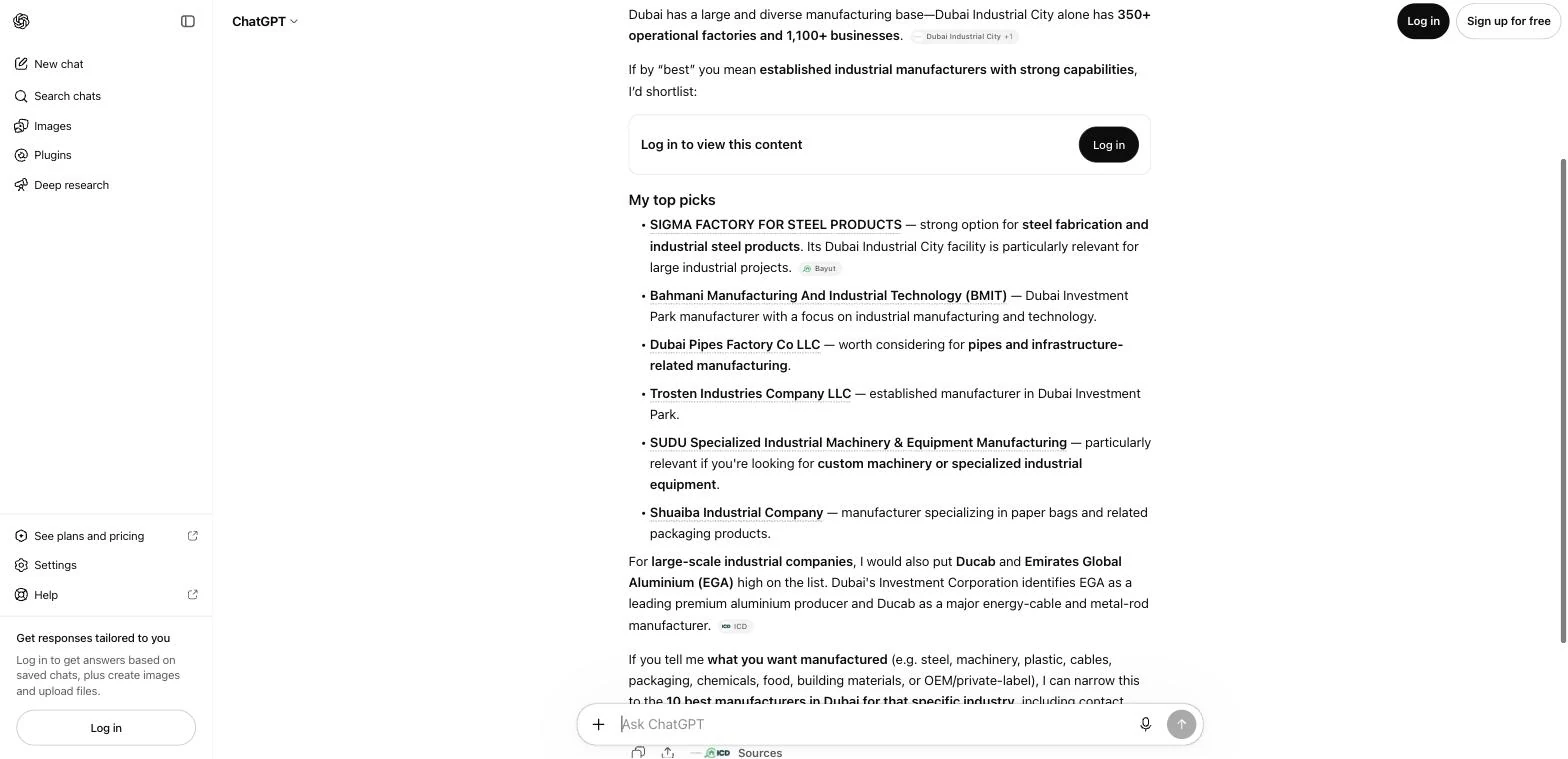 ChatGPT’s answer to “Best industrial manufacturers in Dubai” listing SME fabricators such as SIGMA Factory for Steel Products and SUDU, with Ducab and EGA mentioned separately as large-scale companies