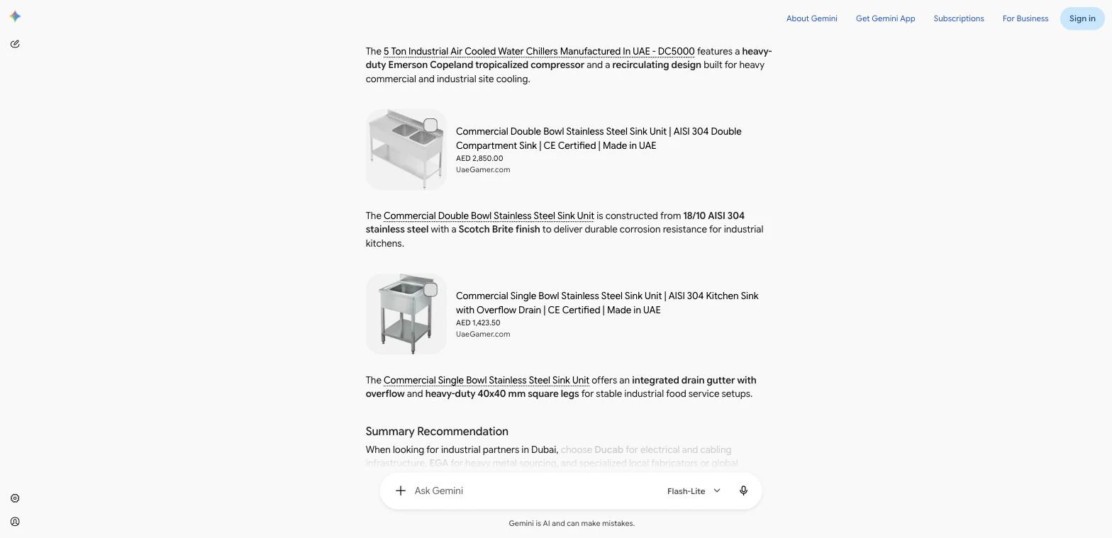 Gemini’s answer to “Best industrial manufacturers in Dubai” with Google Shopping product cards showing UaeGamer.com stainless steel sink units and AED prices
