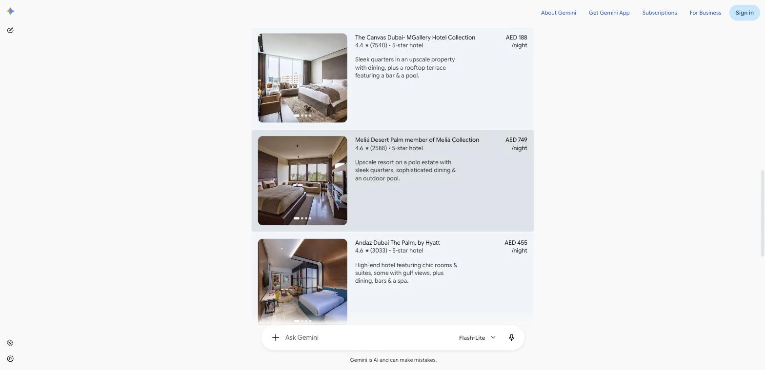 Gemini’s answer to “Best boutique hotels in Dubai”, rendering the same three hotels as Google Hotels cards with review counts and rates